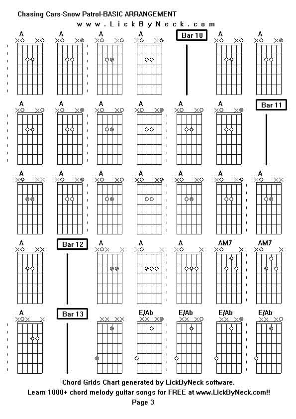 Chord Grids Chart of chord melody fingerstyle guitar song-Chasing Cars-Snow Patrol-BASIC ARRANGEMENT,generated by LickByNeck software.